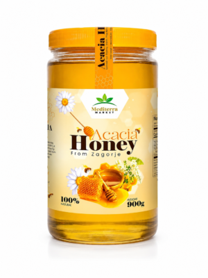Mediterra Market Acacia Honey Organic Raw 900g Natural Croatian Origin Harvested from Zagorje Hills Pure Floral Sweetness Family Filled Glass Jar Rich Nutrients Daily Use