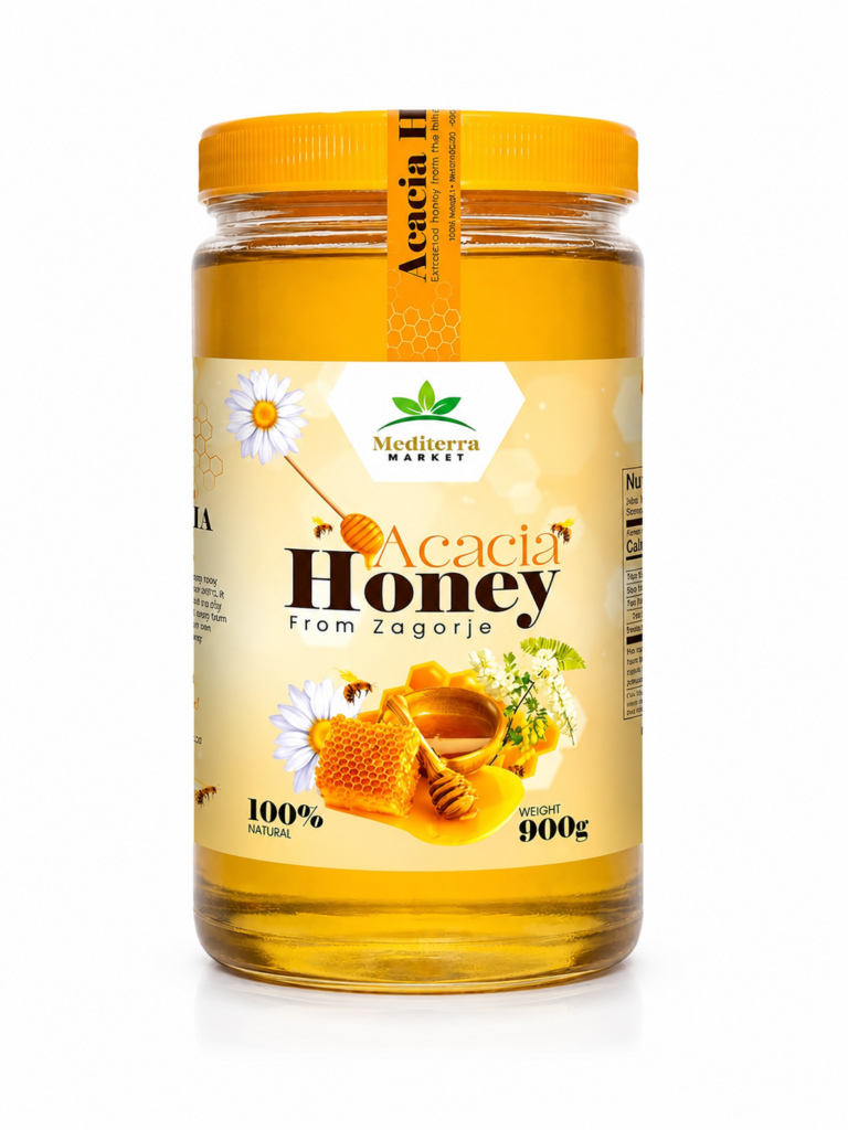 Mediterra Market Acacia Honey Organic Raw 900g Natural Croatian Origin Harvested from Zagorje Hills Pure Floral Sweetness Family Filled Glass Jar Rich Nutrients Daily Use