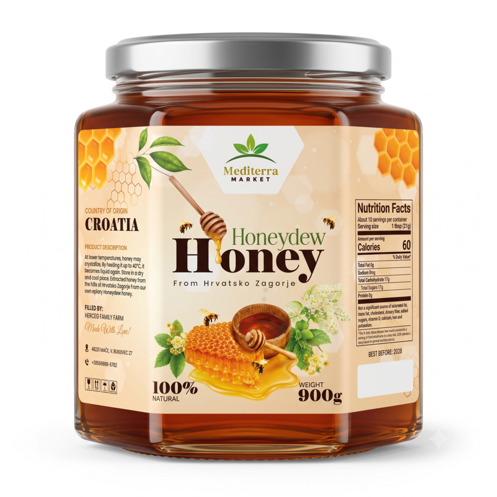 Mediterra Market Honeydew Honey 900g | 100% Natural Croatian Honey | Premium Honeydew Honey from Zagorje Hills