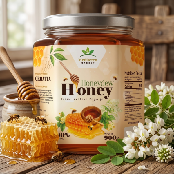 Gemini_Generated_Image_xz248exz248exz24 Mediterra Market Honeydew Honey 900g | 100% Natural Croatian Honey | Premium Honeydew Honey from Zagorje Hills